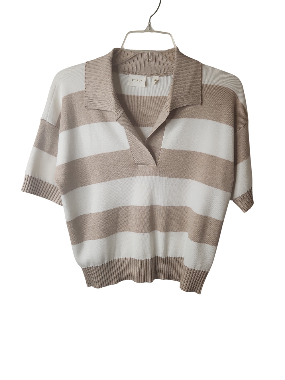 Cyrus Tan&Cream Wide Horizontal Striped Polo V-Neck Short-Sleeve Sweater Size XS